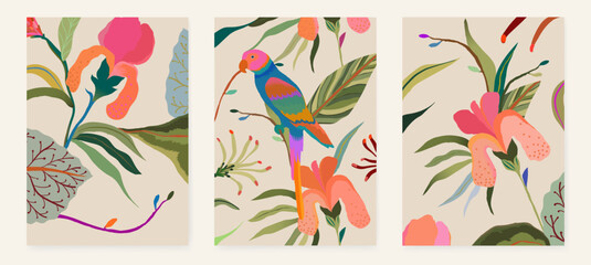 Artistic exotic botanical posters with parrot. Unique template for your design.