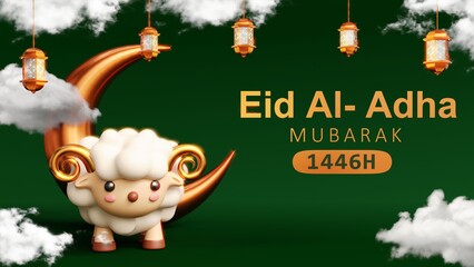 3D render of a happy sheep for eid al adha celebration islamic illustration background