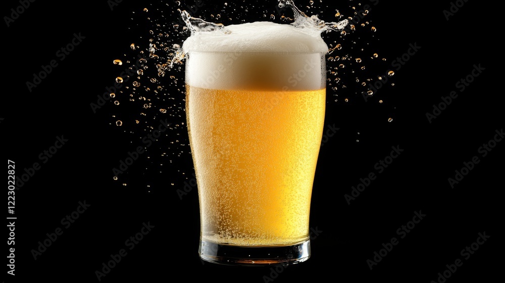 Poster A dynamic image of a pint of beer being poured into a glass, with droplets of liquid splashing and creating a lively and energetic scene