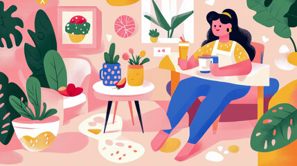 Fototapeta premium Woman Relaxing Indoors with Drinks and Plants: A Modern Illustration