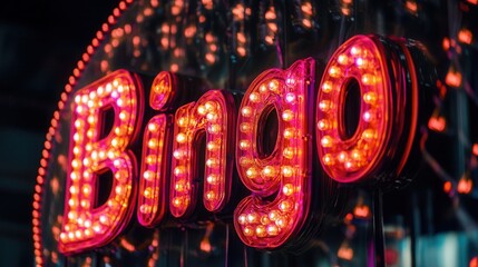 Brightly lit bingo sign illuminates a lively gaming hall in the evening during a community game night