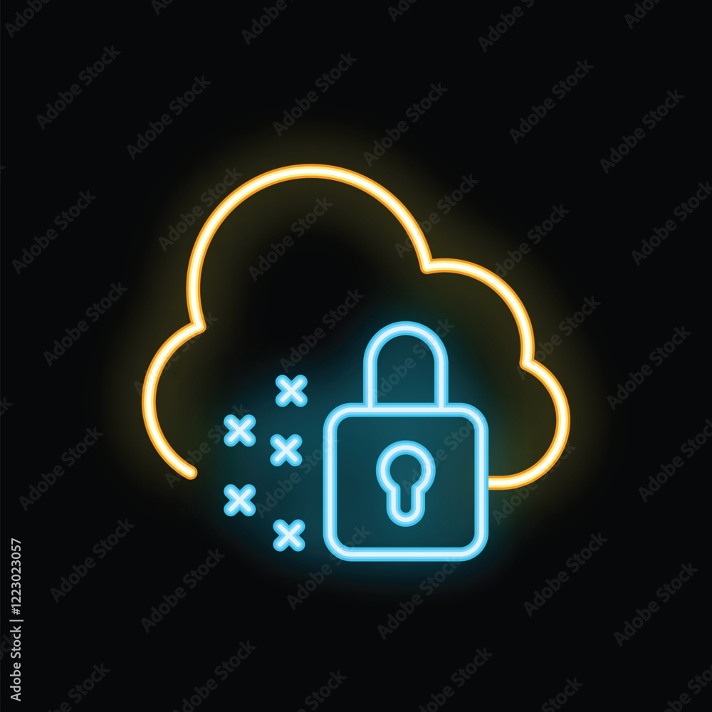 Poster glowing neon line icon of a locked cloud computing system is protecting data with a padlock