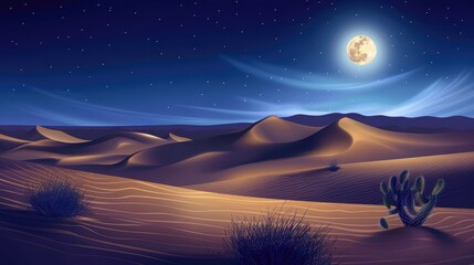 Desert landscape with sand dunes cactus and grass at night under the moonlight. Cartoon vector. Arabian background with barren sand dunes at dusk.
