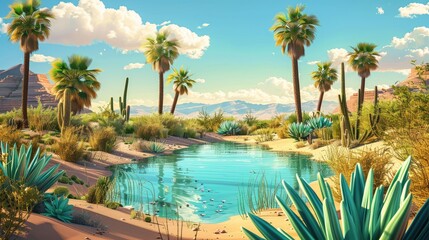 Fototapeta premium Desert oasis landscape - turquoise pond surrounded by palm trees. Sand dunes under bright sunlight Nature scene with cactus, succulent plants, distant mountains, white clouds.