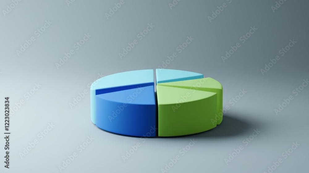 Poster a dynamic pie chart with segmented portions in shades of blue and green, placed on a minimalist gray