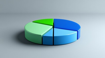 Obraz premium A dynamic pie chart with segmented portions in shades of blue and green, placed on a minimalist gray background, illustrating financial distribution