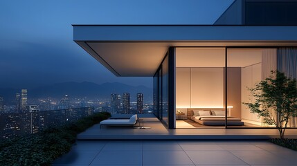 Elegant and luxurious penthouse featuring an open air terrace with breathtaking views of the city skyline and twinkling lights at night creating a serene and captivating atmosphere