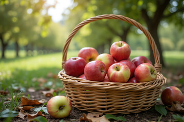 Basket of fresh apples in sunlit orchard with fallen leaves