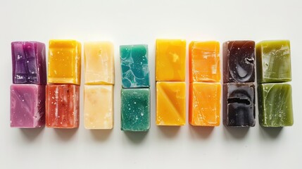 Different colors solid shampoo bars on white background arranged in a greed. Eco friendly, zero waste concept
