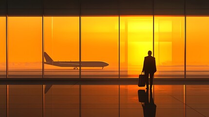 Elegant silhouetted travel bags and luggage reflecting the warm golden light near an expansive glass wall of a modern airport terminal with planes visible in the silhouette outside the window