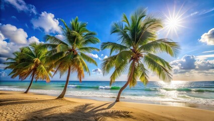 Obraz premium Sunny day at the seaside, with palm trees swaying gently in the breeze, and waves crashing against the shore, seaside, sand