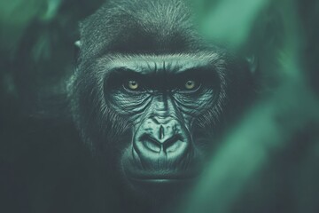 Obraz premium Gorilla staring intently jungle foliage