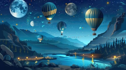 Fototapeta premium Night landscape concept with hot air balloon, lake, mountains and moon in the sky. Vector cartoon illustration of an airship with a basket flying over a river, a pine forest on the shore and rocks.