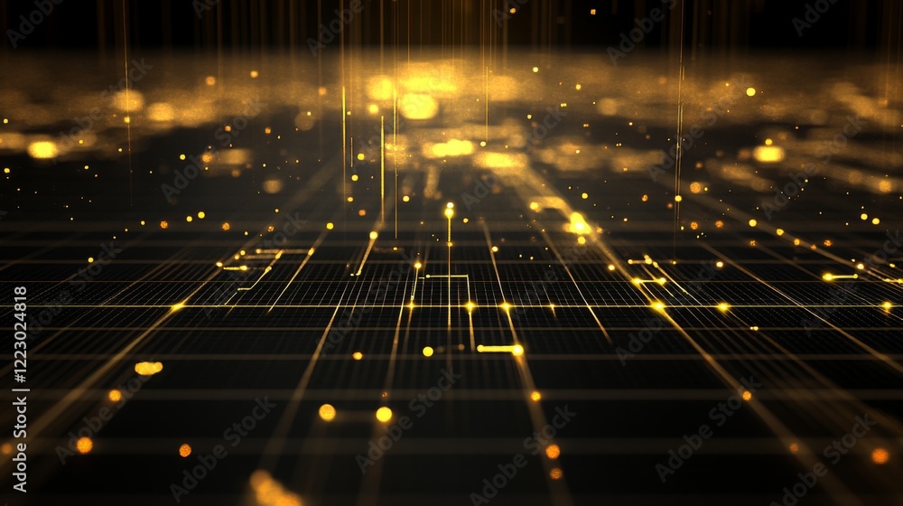 Poster a financial chart with a golden price trend line and glowing data points, set on a dark grid backgro