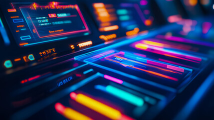 Obraz premium Neon Tech Interface: Futuristic Dashboard Display with Glowing Lines and Data Streams