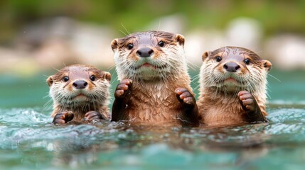 Three Adorable Otters Playing in Water a Close Up Shot of Three Cute Otters