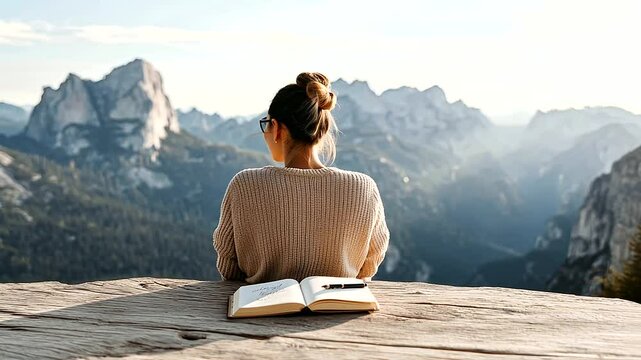 Solo Traveler Writing Bucket List with Mountain View