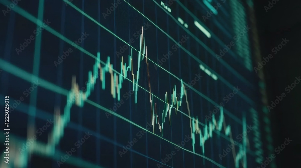 Poster a financial stock market graph with fluctuating lines and bar indicators, set against a deep blue ba