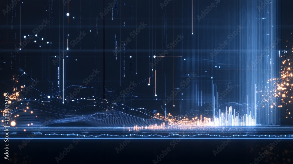 Poster a financial stock market graph with fluctuating lines and bar indicators, set against a deep blue ba