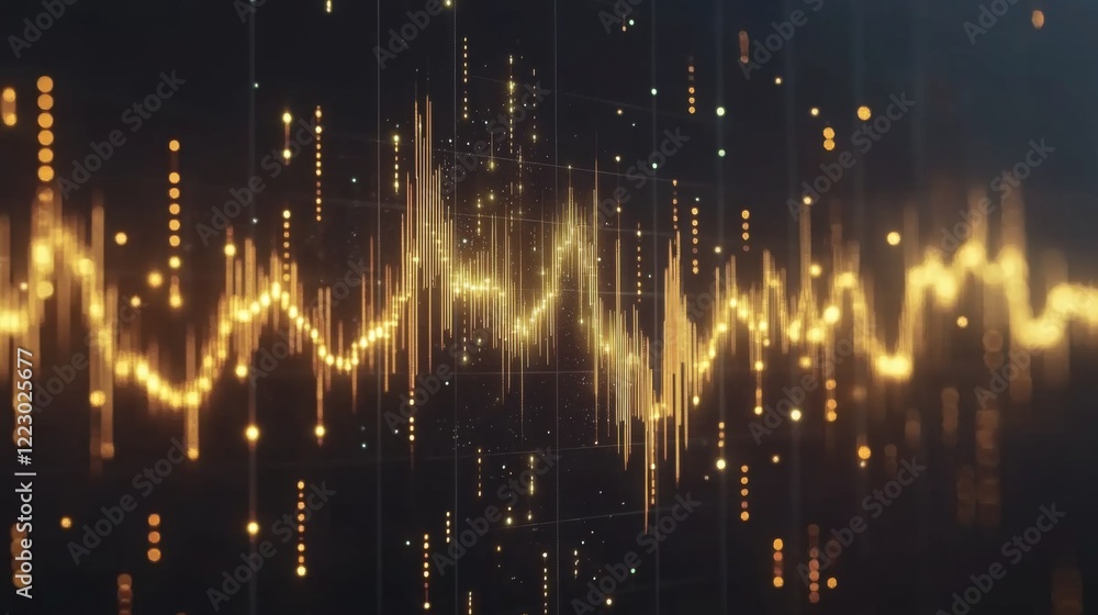 Poster a gold price line graph with a golden upward trend line, set against a dark background with glowing 
