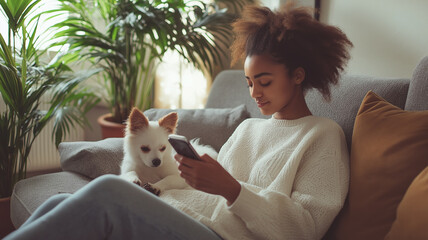 Relaxing with Pet and Phone. Woman on sofa using a phone with a small dog nearby. Relaxing in a calm, indoor setting with plants.
