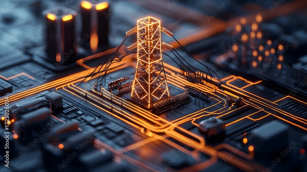 Poster futuristic 3d of a urban energy infrastructure featuring a glowing power grid with a high tech digit