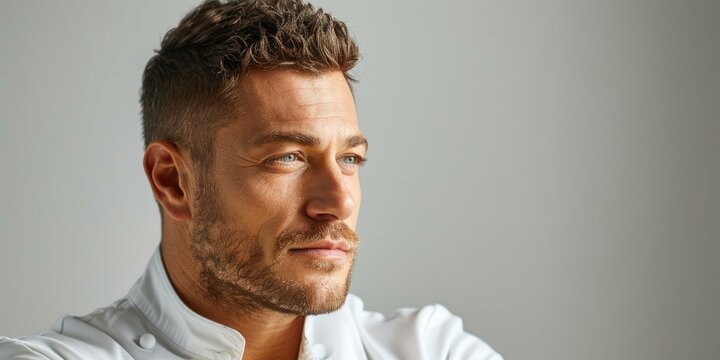 Chef holding a plate of food slices while looking thoughtfully into the distance