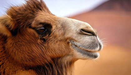 Obraz premium Close-up profile of a Bactrian camel, showcasing its thick, reddish-brown fur and expressive eye. The soft lighting and blurred background highlight the animal's texture and create a serene mood.