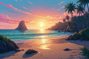 Gentle morning hues, vibrant sea foam, glowing beach, sunrise behind palm and rocks, magical and melancholic feel