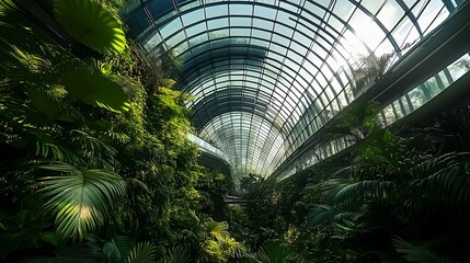 Futuristic glass dome structure showcasing a lush tropical indoor garden landscape with diverse flora and greenery  The domed climate controlled environment creates an immersive