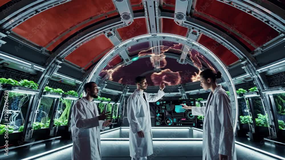 Poster scientists in futuristic lab analyze data from earth while monitoring plants