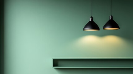 Minimalist interior with green shelves and black pendant lamps illuminating the space