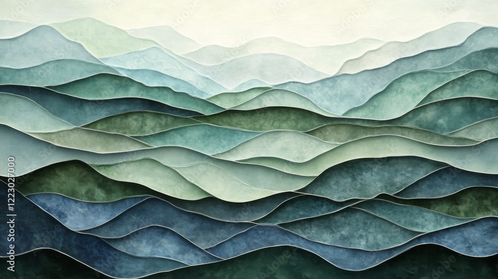 Poster a layered abstract background with soft waves of green and blue tones, creating a tranquil, ocean-in