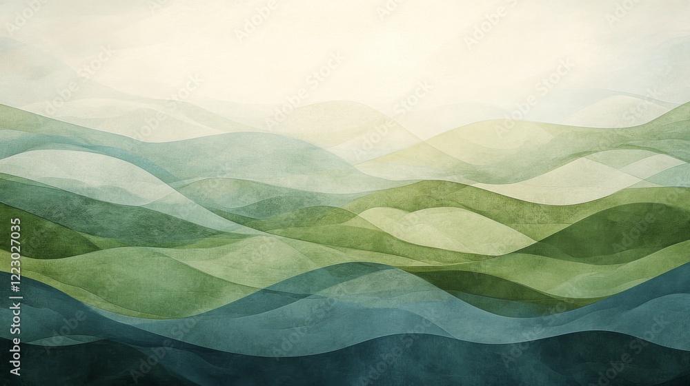 Poster a layered abstract background with soft waves of green and blue tones, creating a tranquil, ocean-in
