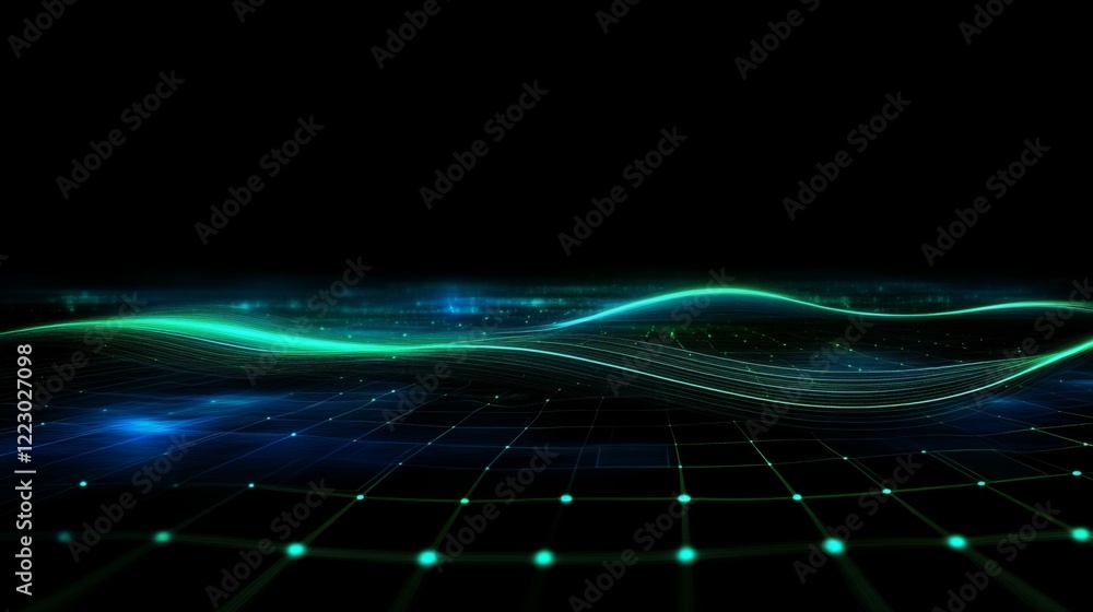 Poster a line graph with smooth curves and glowing data points on a dark digital grid, giving a futuristic 