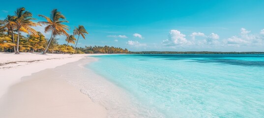 Fototapeta premium Idyllic Tropical Paradise Serene White Sand Beach, Turquoise Water, and Lush Palm Trees