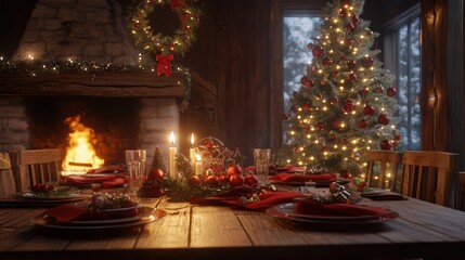 Fototapeta premium Cozy holiday table with christmas tree and fireplace decor