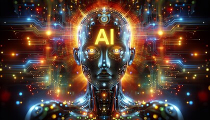 A futuristic AI robot head with glowing eyes and circuitry background, symbolising advanced artificial intelligence and technology.