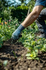 Close-up Of A Person s Hand Planting A Small Plant Or Flower In The Garden On A Sunny Summer Day.