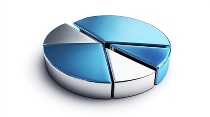 A metallic-style financial pie chart with blue and silver segments, displayed on a white background with sharp edges and shadows