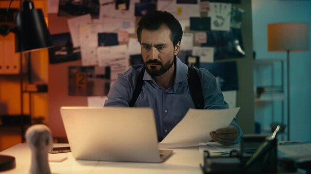 Tired detective works late on a case in his office, struggling with burnout