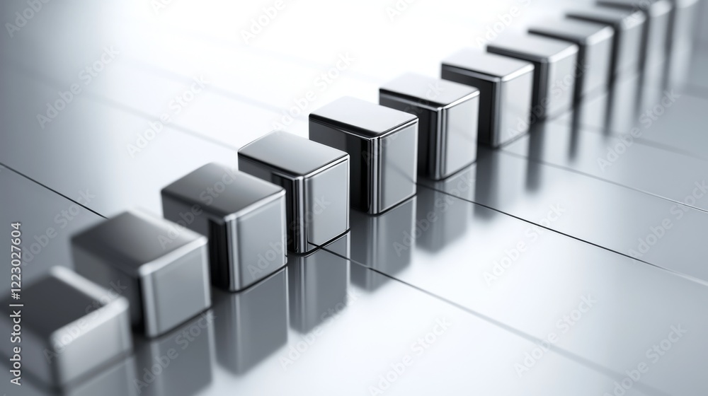 Poster A minimalist D bar graph with metallic bars in gray tones, set on a white reflective surface with clean lines and soft shadows for a professional style