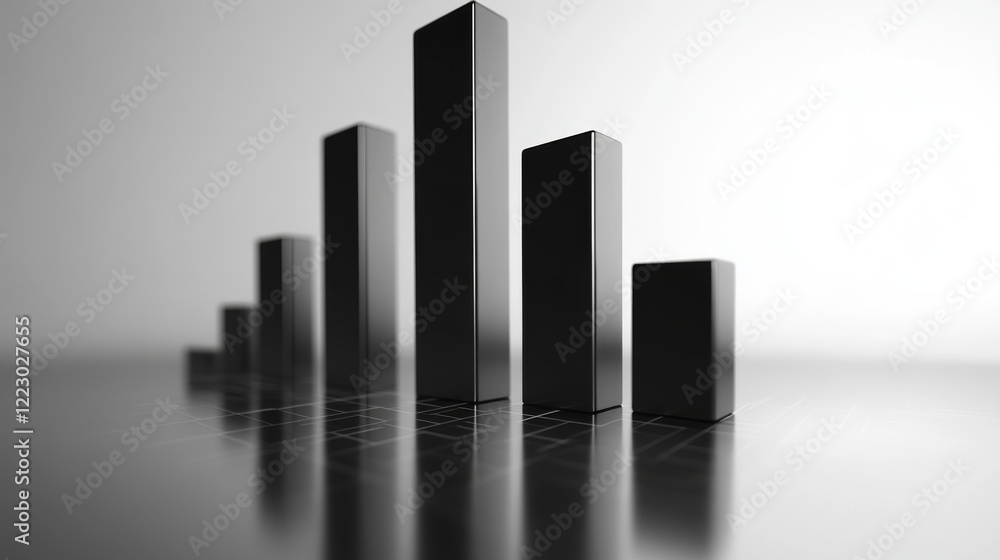 Poster a minimalist d bar graph with metallic bars in gray tones, set on a white reflective surface with cl