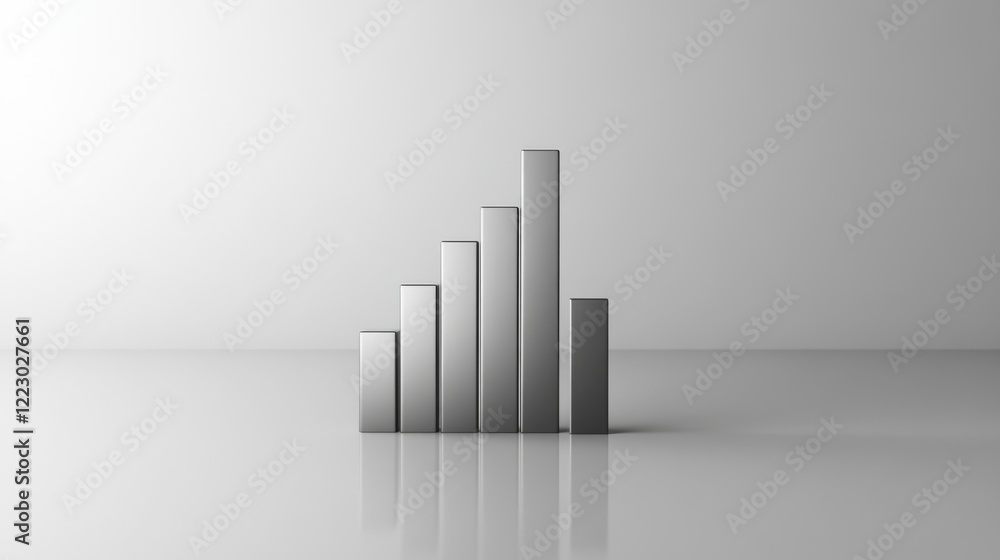 Poster a minimalist d bar graph with metallic bars in gray tones, set on a white reflective surface with cl