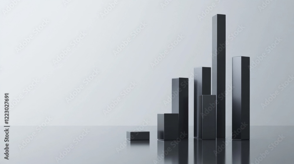 Aufkleber A minimalist D bar graph with metallic bars in gray tones, set on a white reflective surface with clean lines and soft shadows for a professional style