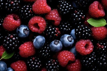 Sweet and Succulent Blackberries, Blueberries, and Raspberries arranged beautifully in a Shot taken from a Top-Down view