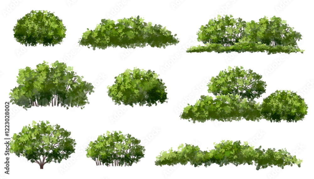 Poster vector watercolor green tree or forest side view isolated on white background for landscape and arch