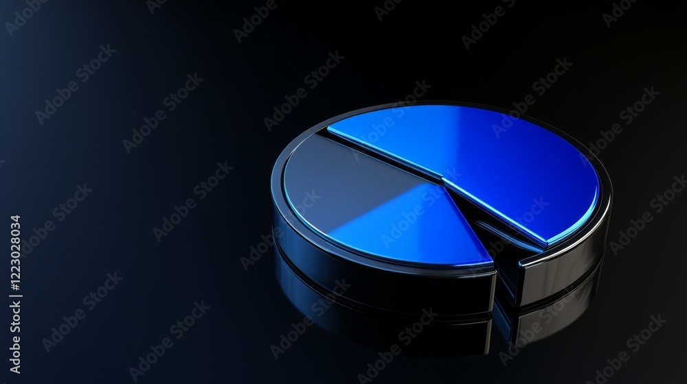 Aufkleber a minimalist pie chart with metallic segments in blue tones, on a reflective black background, with 