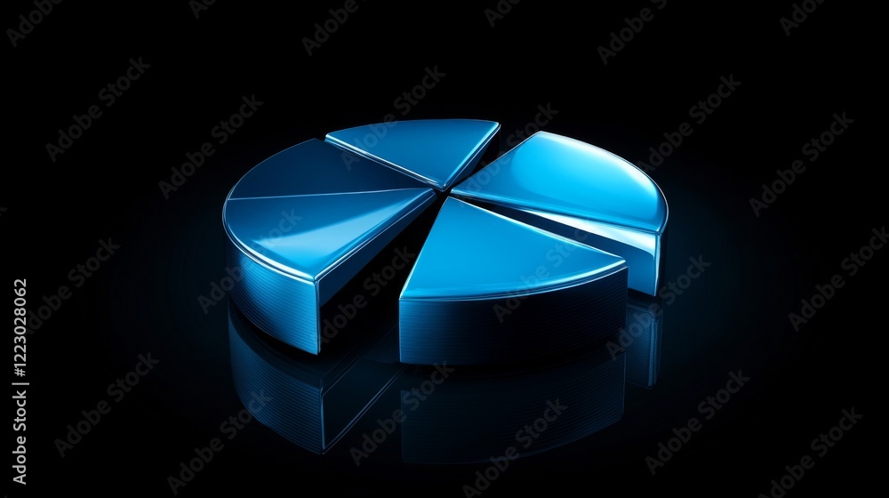 Aufkleber a minimalist pie chart with metallic segments in blue tones, on a reflective black background, with 