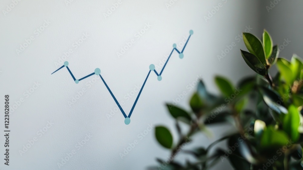 Aufkleber A minimalist line graph with a continuous upward trend in blue against a white background, highlighting key financial milestones in a clean layout